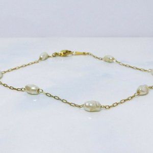 Cute ! Yellow Gold Plated Natural Look Pearl Station Linked Anklet 9"